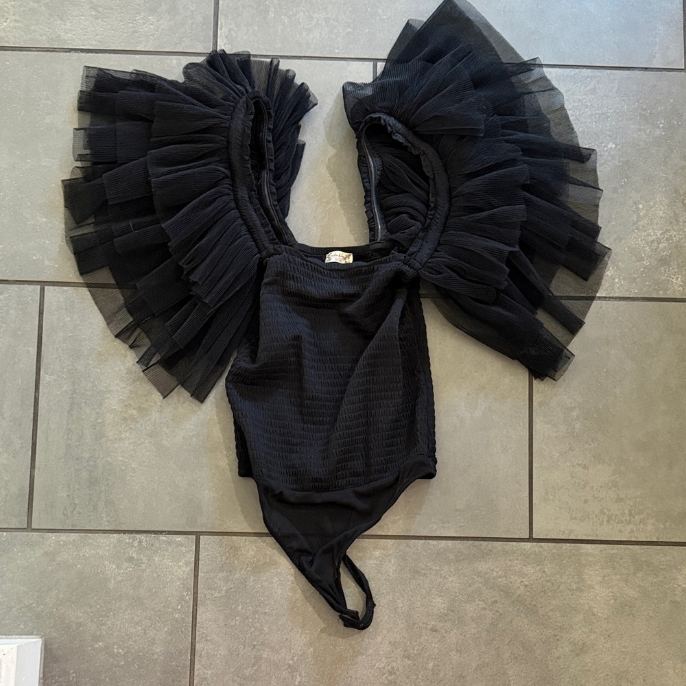 Free People Black Ruffled Bodysuit